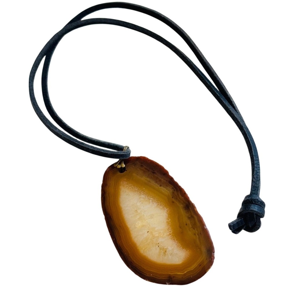 VTG 60s Agate Slice stone Necklace Natural MCM Hippie collar retro authentic 24"